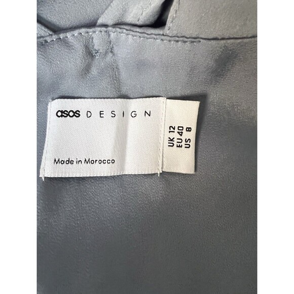 ASOS Satin Drape Maxi Dress Asymmetric Exaggerated Sleeve Dusky Blue Sz 8 - Picture 9 of 10